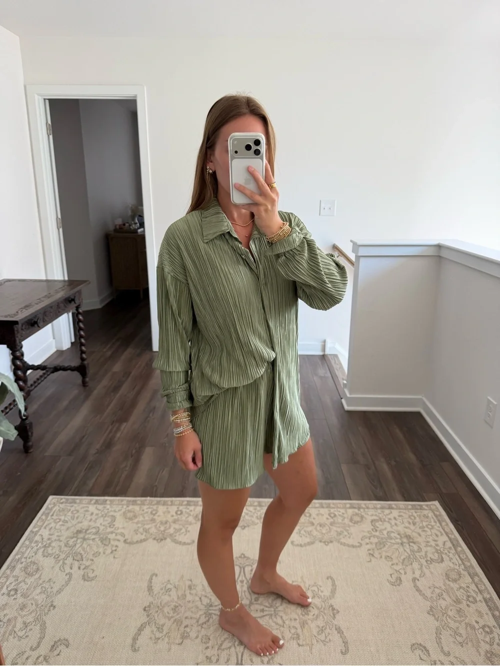 Amazon Women's Olive Green Pleated Pajama Set
